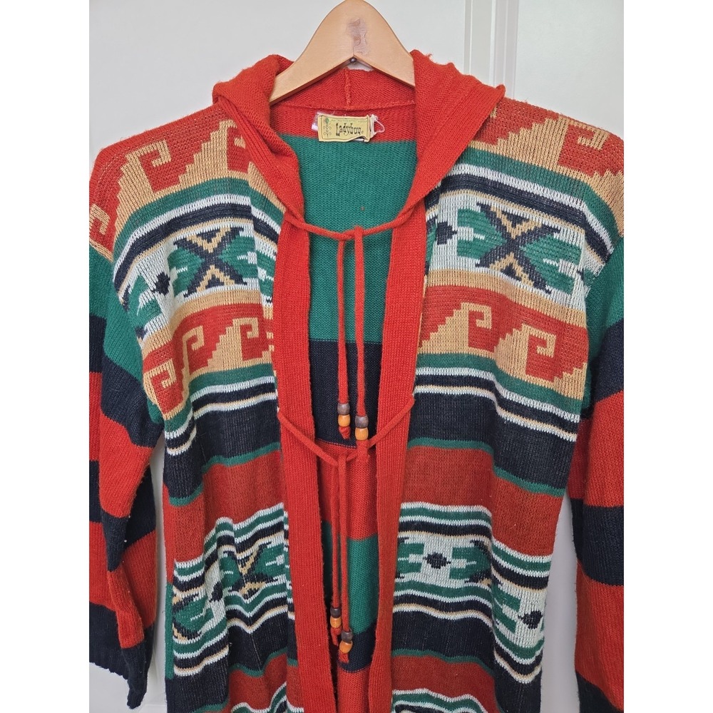 Vtg 1970s Aztec Cardigan Duster Southwest Boho Hooded Beaded Tie Earthy Size M ?